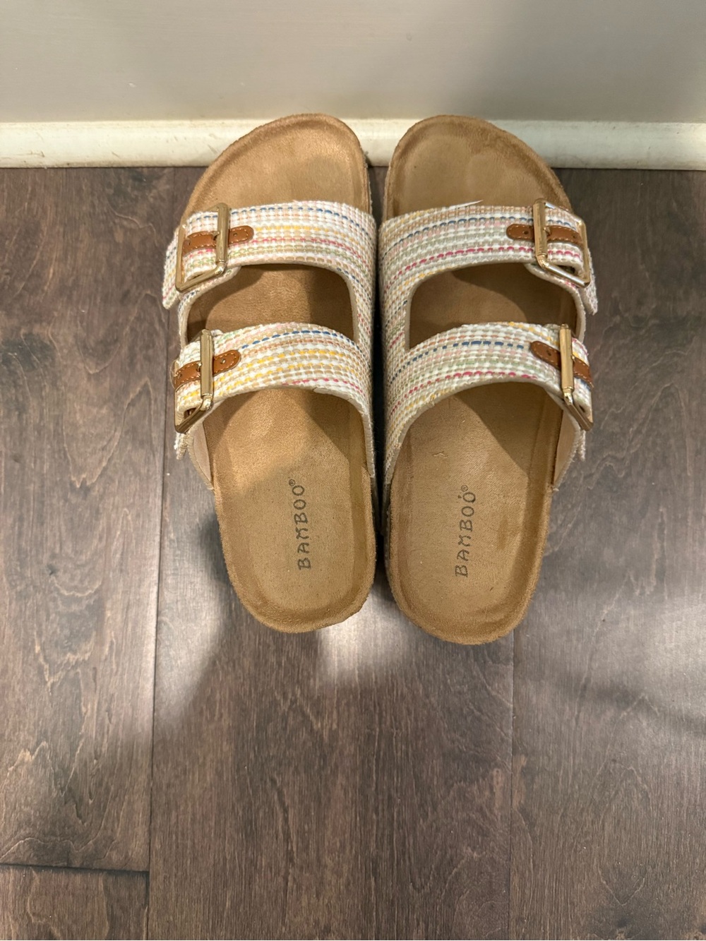BAMBOO Tweed Double-Strap Slide Sandals with Gold Buckles